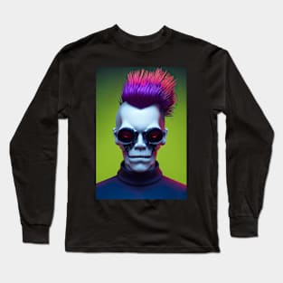 Punk Skull With Colorful Hair Cyberpunk Concept Digital Illustration Long Sleeve T-Shirt